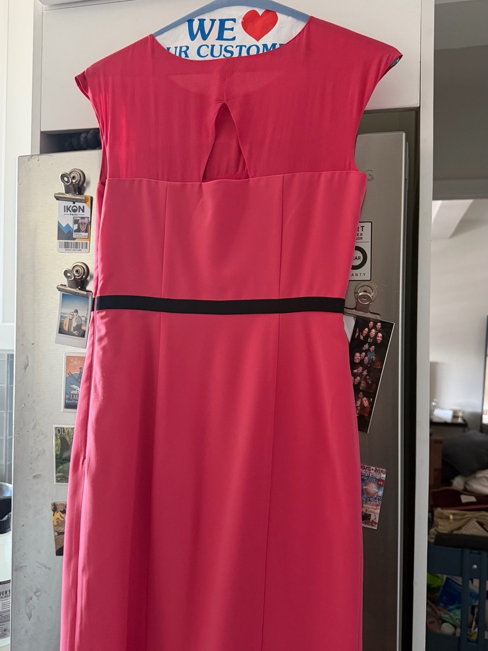 Pink Cap-Sleeve Midi Dress with Black Waistband